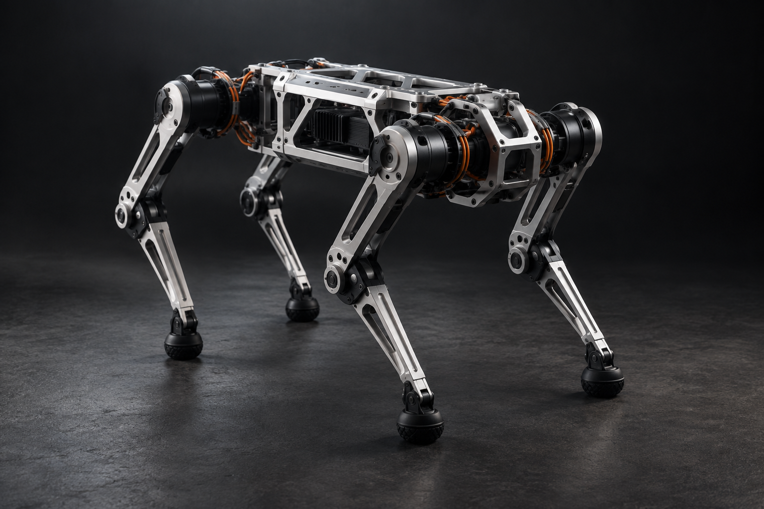 Illustrative design concept of a silver quadruped robot in a dark studio